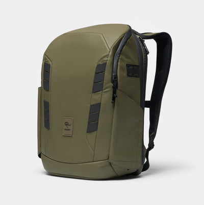 Green backpack with black accents on a white background