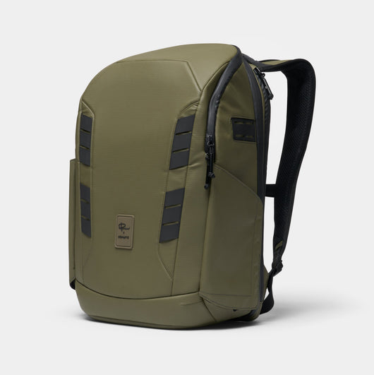 Green backpack with black accents on a white background