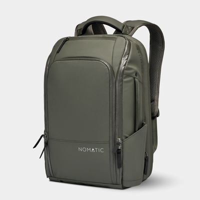 Nomatic Travel Pack 20L expandable carry-on backpack in olive - front angle#color_olive